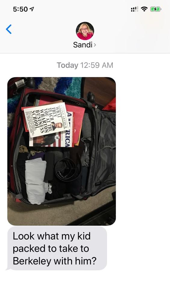 How Sandi Masori endorses Clint Arthur's book What They Teach You At The Wharton Business School: "Look what my kid packed to take to Berkeley with him?"